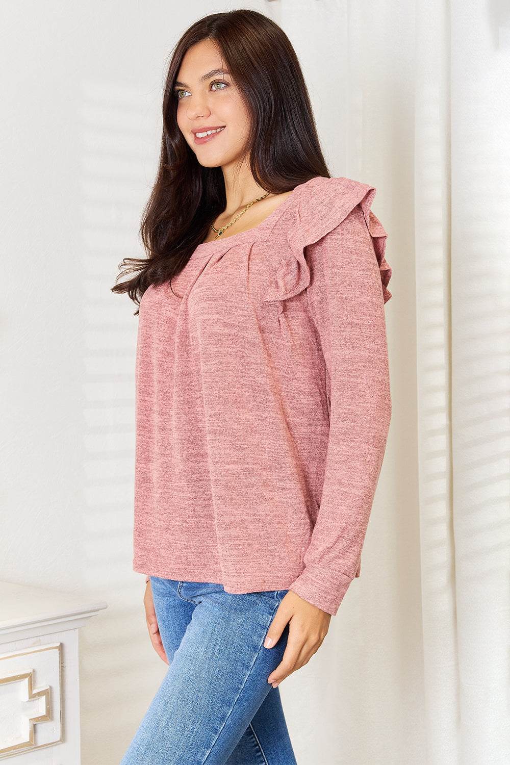 Double Take Square Neck Ruffle Shoulder Long Sleeve T-Shirt - IntuitiveEncBoutique