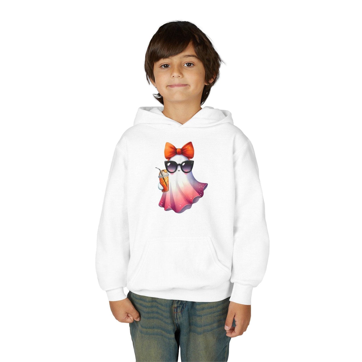 Youth Ghostly Glam Hoodie, Cute Ghost Design Sweatshirt, Halloween Apparel, Halloween Costume, Kids Hooded Sweatshirt - IntuitiveEncBoutique