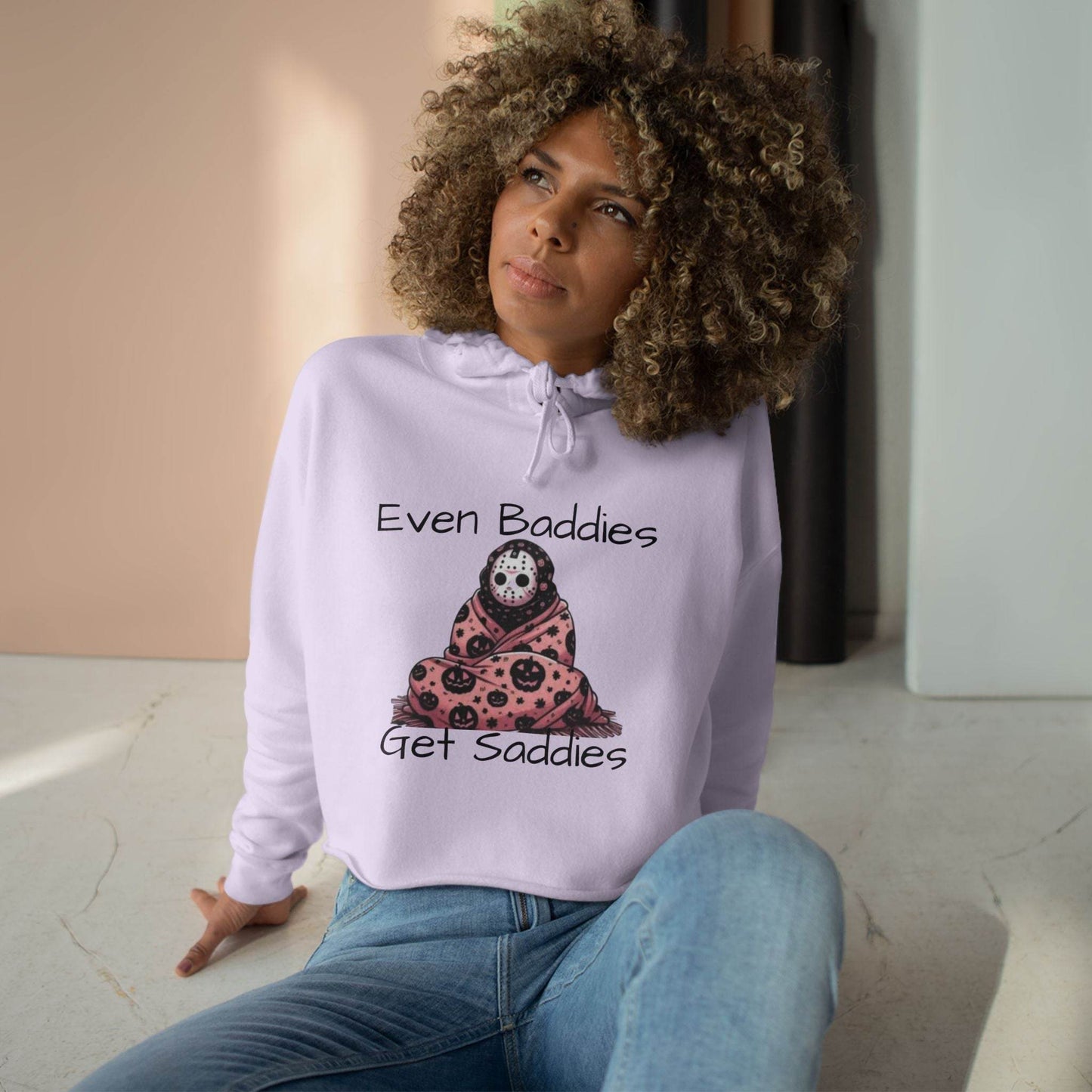 Even Baddies Get Saddies Crop Hoodie, Cute Graphic Sweatshirt, Trendy Apparel for Baddies, Perfect Gift for Friends, Cozy Fashion Piece - IntuitiveEncBoutique