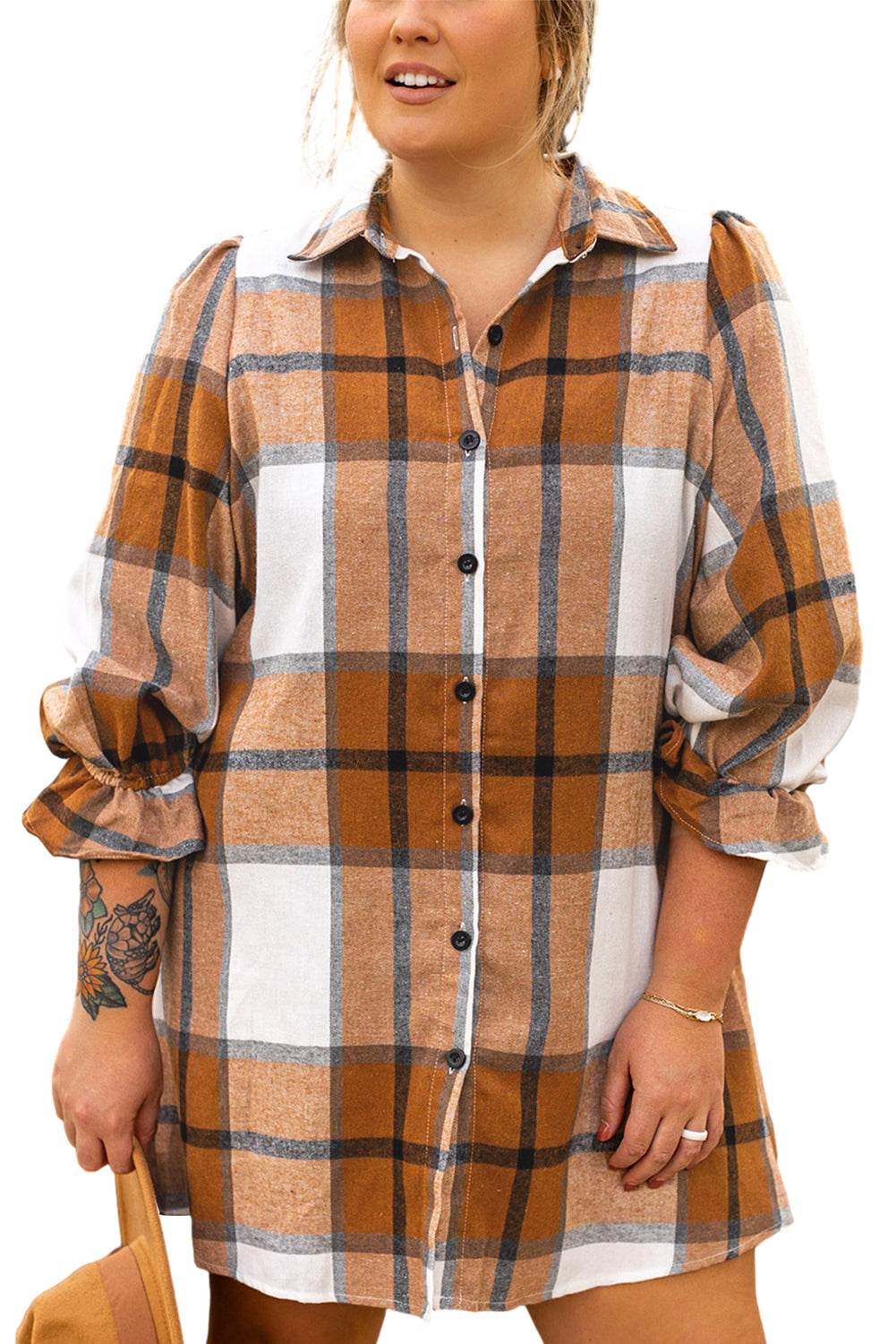 Khaki Plus Size Plaid Flounce Sleeve Button up Shirt Dress - IntuitiveEncBoutique