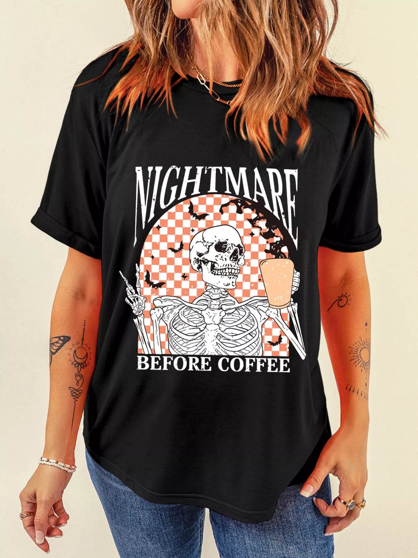 Halloween Skull Checkerboard Graphic Round Neck Tee - IntuitiveEncBoutique