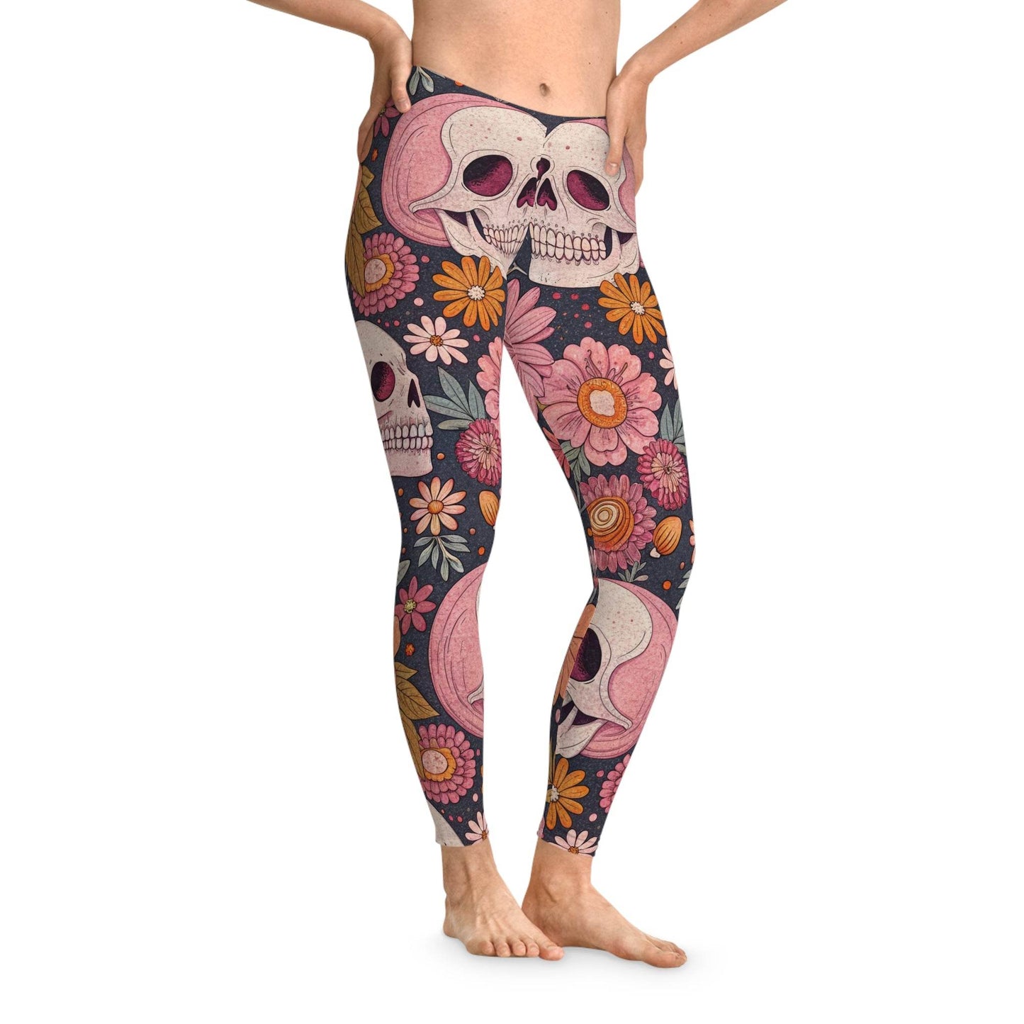 Floral Skull Leggings – Trendy Stretchy Leggings for Exercise, Casual Wear, Halloween, Festivals, and Everyday Comfort - IntuitiveEncBoutique