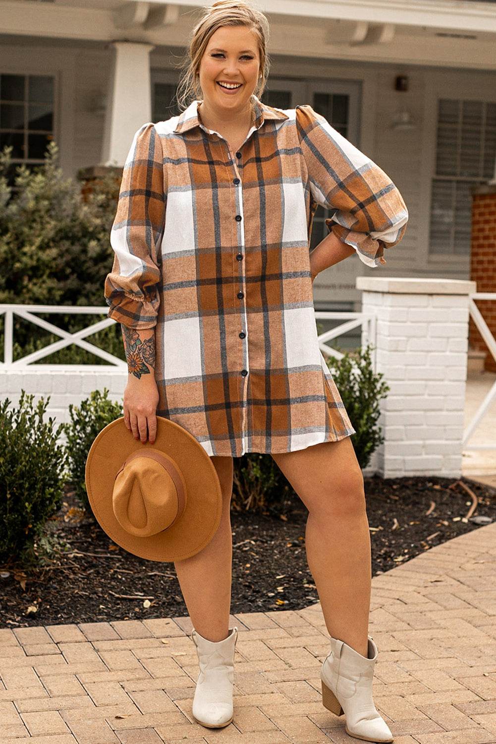 Khaki Plus Size Plaid Flounce Sleeve Button up Shirt Dress - IntuitiveEncBoutique