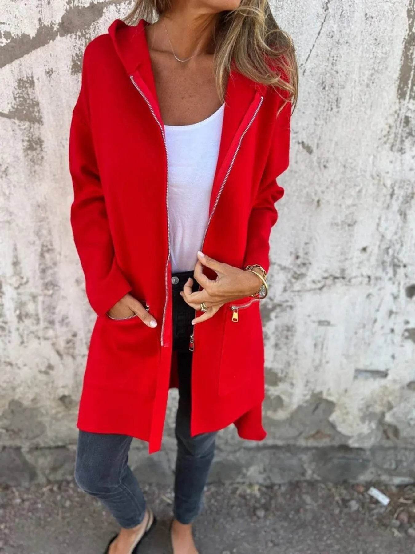 Full Size Zip Up Long Sleeve Hooded Outerwear Plus Size - IntuitiveEncBoutique