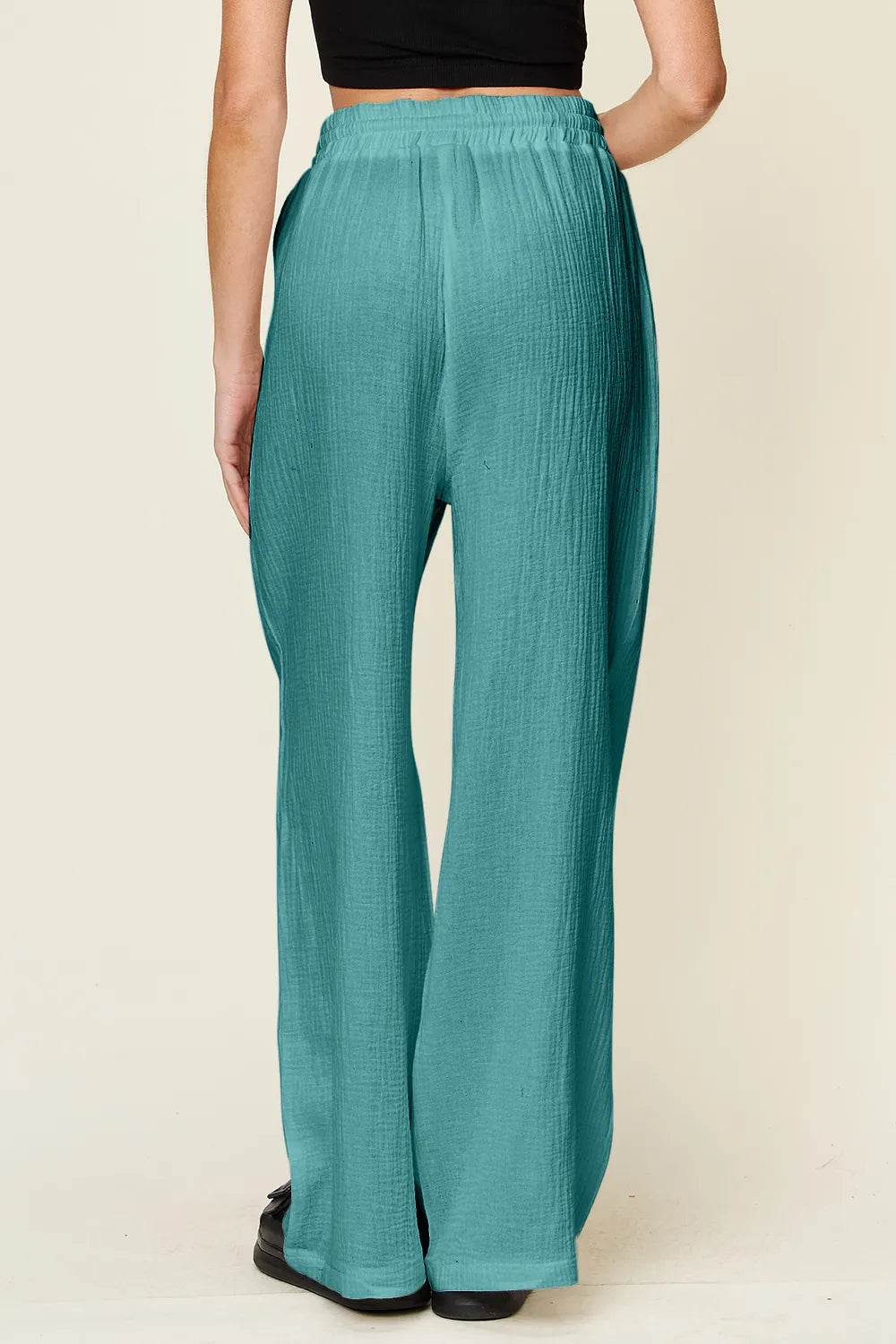 Double Take Full Size Texture Drawstring Wide Leg Pants - IntuitiveEncBoutique