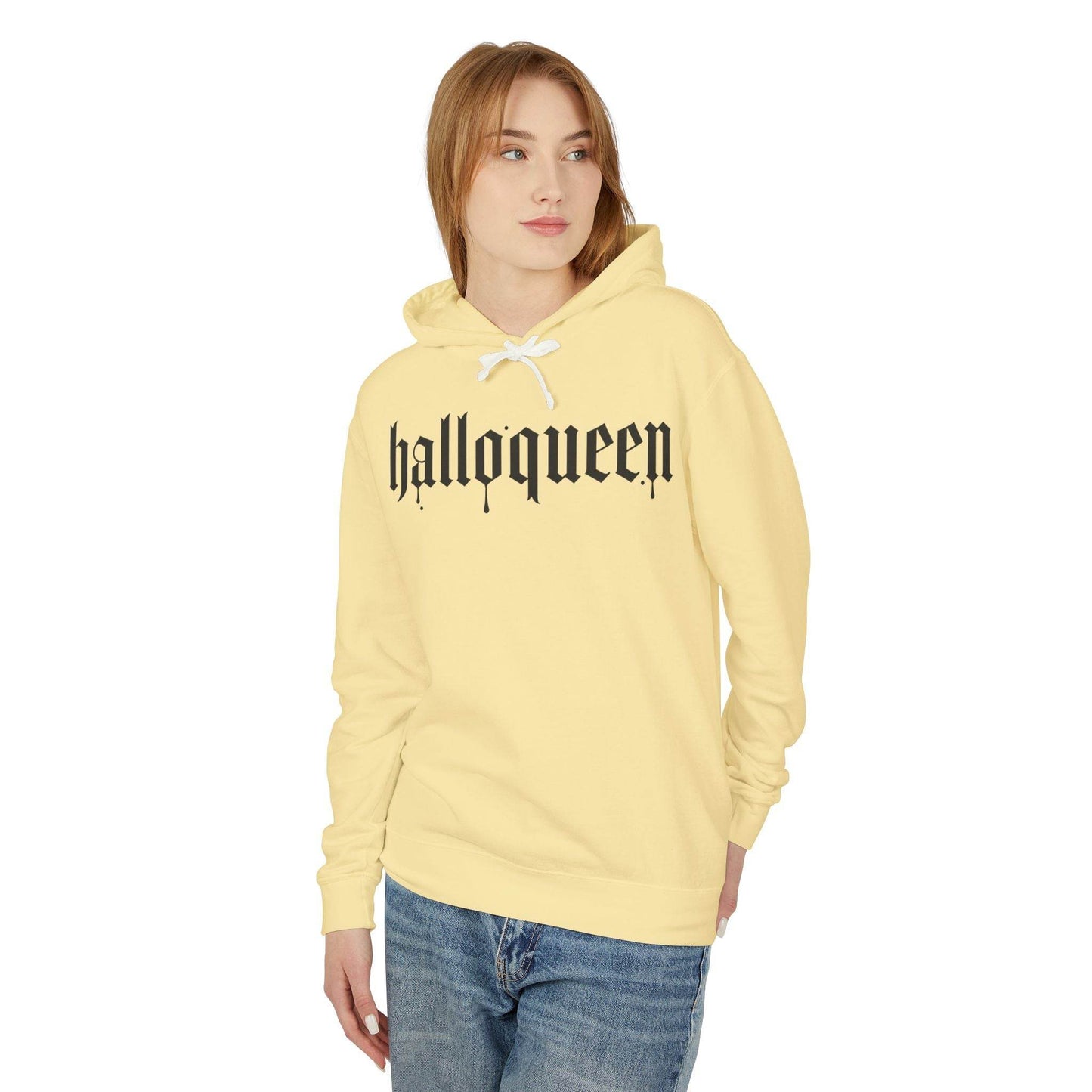 Halloween Unisex Lightweight Hoodie, Halloqueen Sweatshirt, Cute Fall Fashion, Cozy Halloween Gift, Spooky Season Apparel - IntuitiveEncBoutique