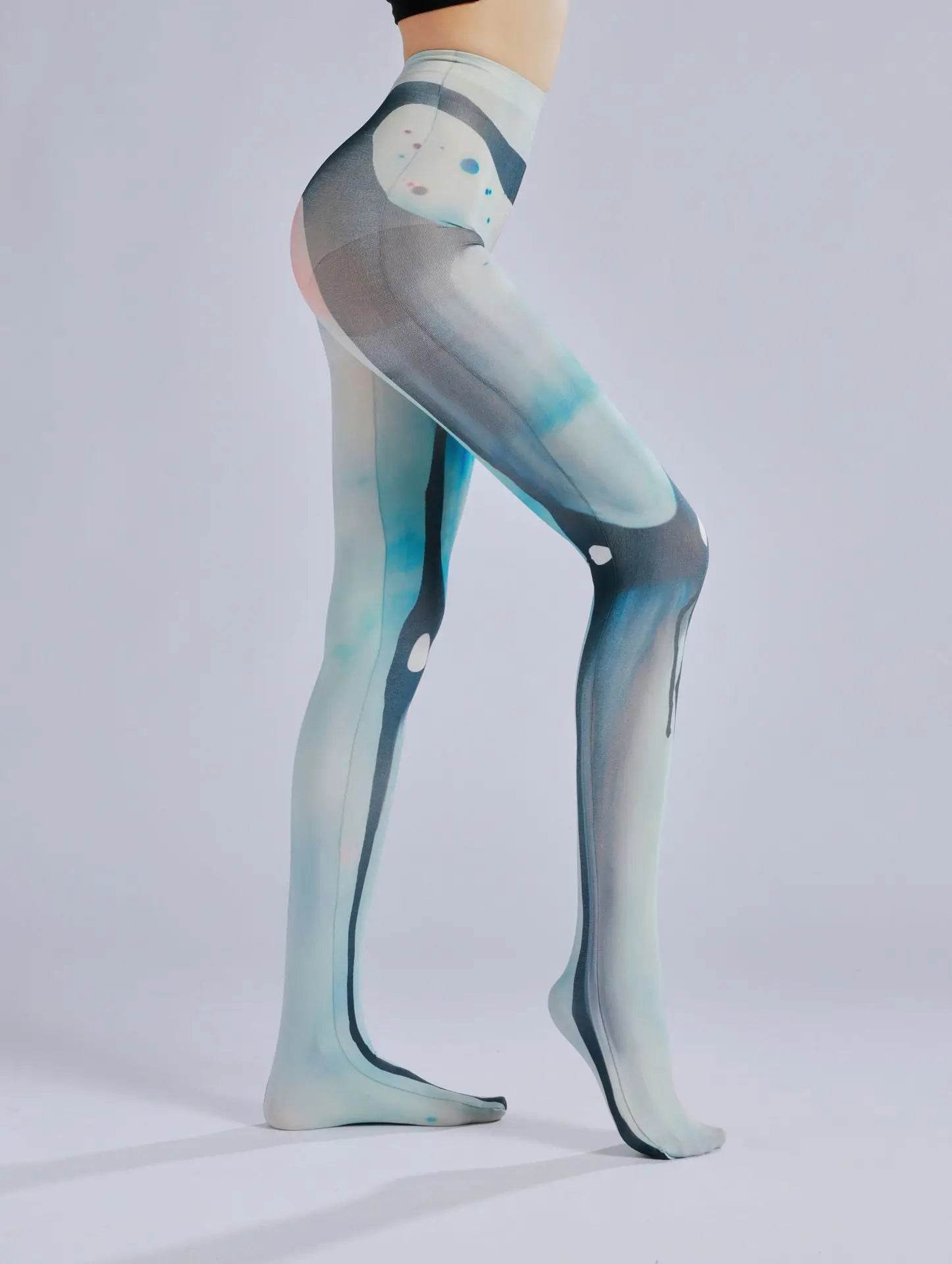 Dark patterned printed pantyhose with ink flow and personalized bottom socks - IntuitiveEncBoutique