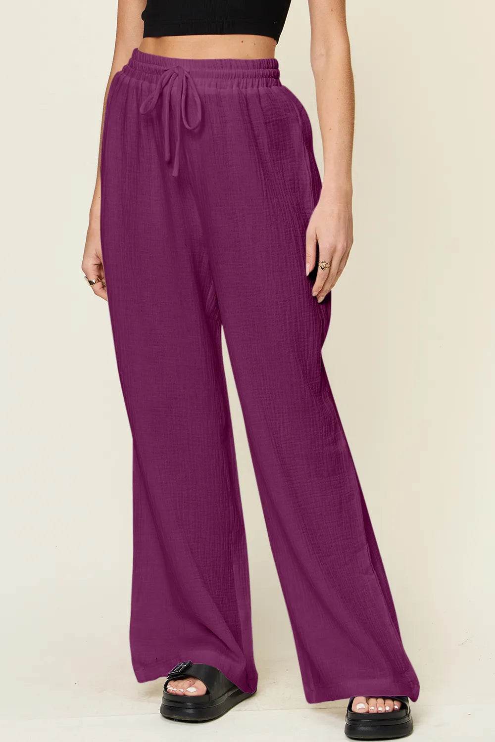 Double Take Full Size Texture Drawstring Wide Leg Pants - IntuitiveEncBoutique