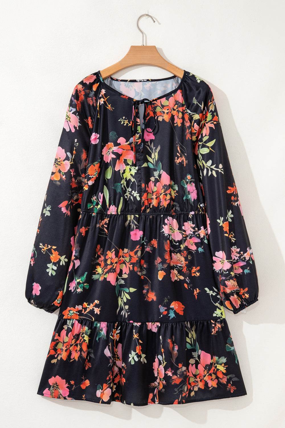 Black Plus Size Floral Print Tie Neck Cinched Waist Long Sleeve Mini Dress - IntuitiveEncBoutique