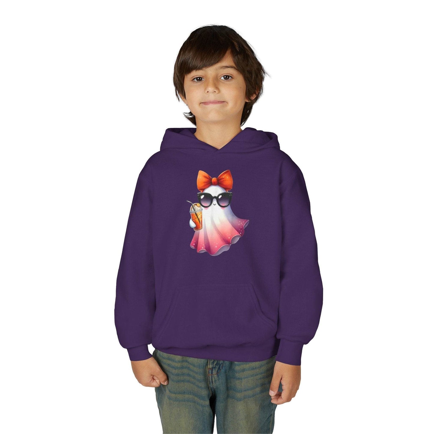 Youth Ghostly Glam Hoodie, Cute Ghost Design Sweatshirt, Halloween Apparel, Halloween Costume, Kids Hooded Sweatshirt - IntuitiveEncBoutique