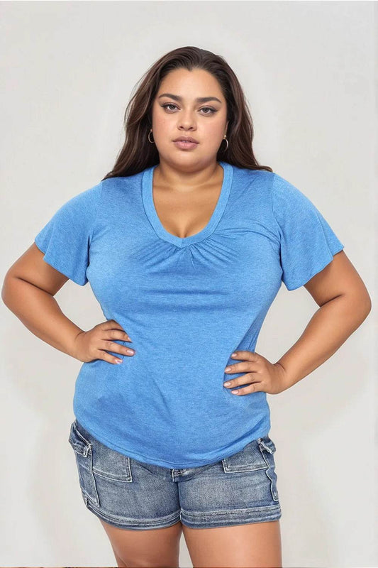 Double Take Ruched V-Neck Short Sleeve T-Shirt - IntuitiveEncBoutique