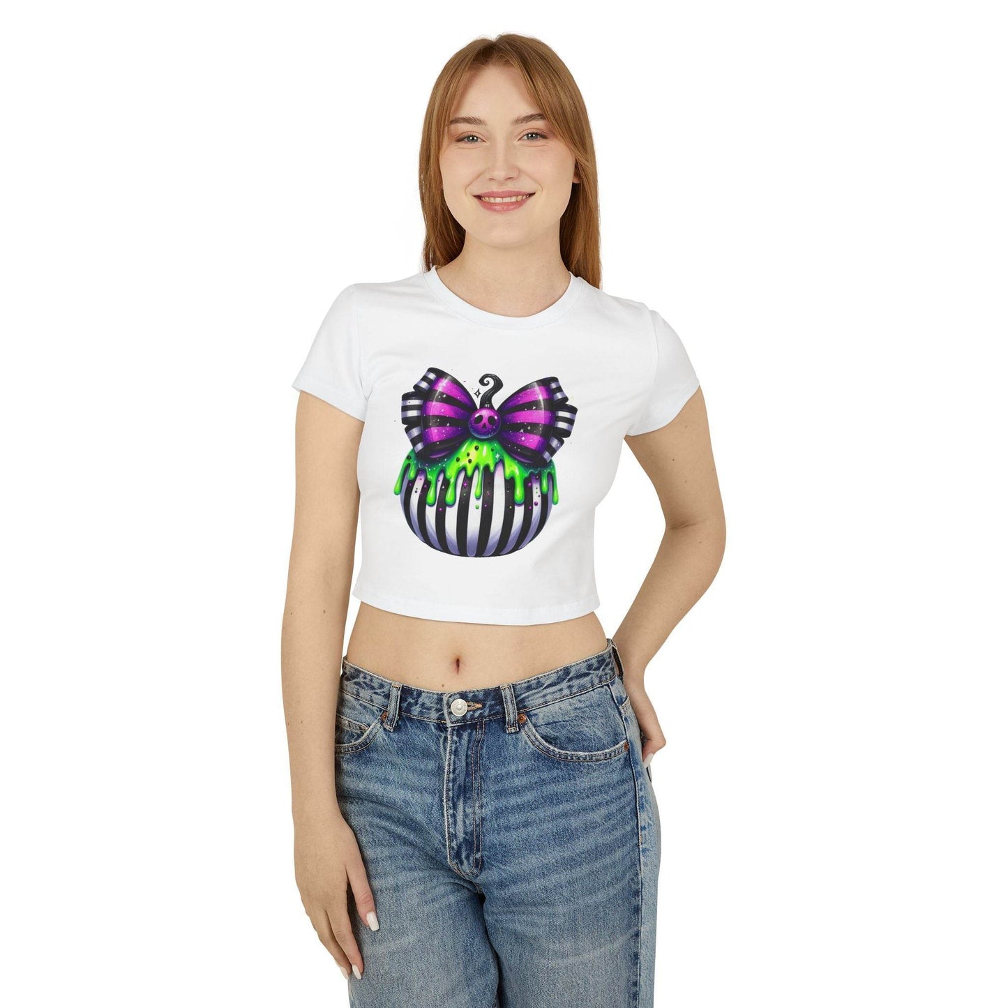 Cute Halloween Baby Tee with Spooky Bow Design | Women's Graphic T-Shirt, Party Shirt, Fall Fashion, Gift Idea, Casual Wear - IntuitiveEncBoutique