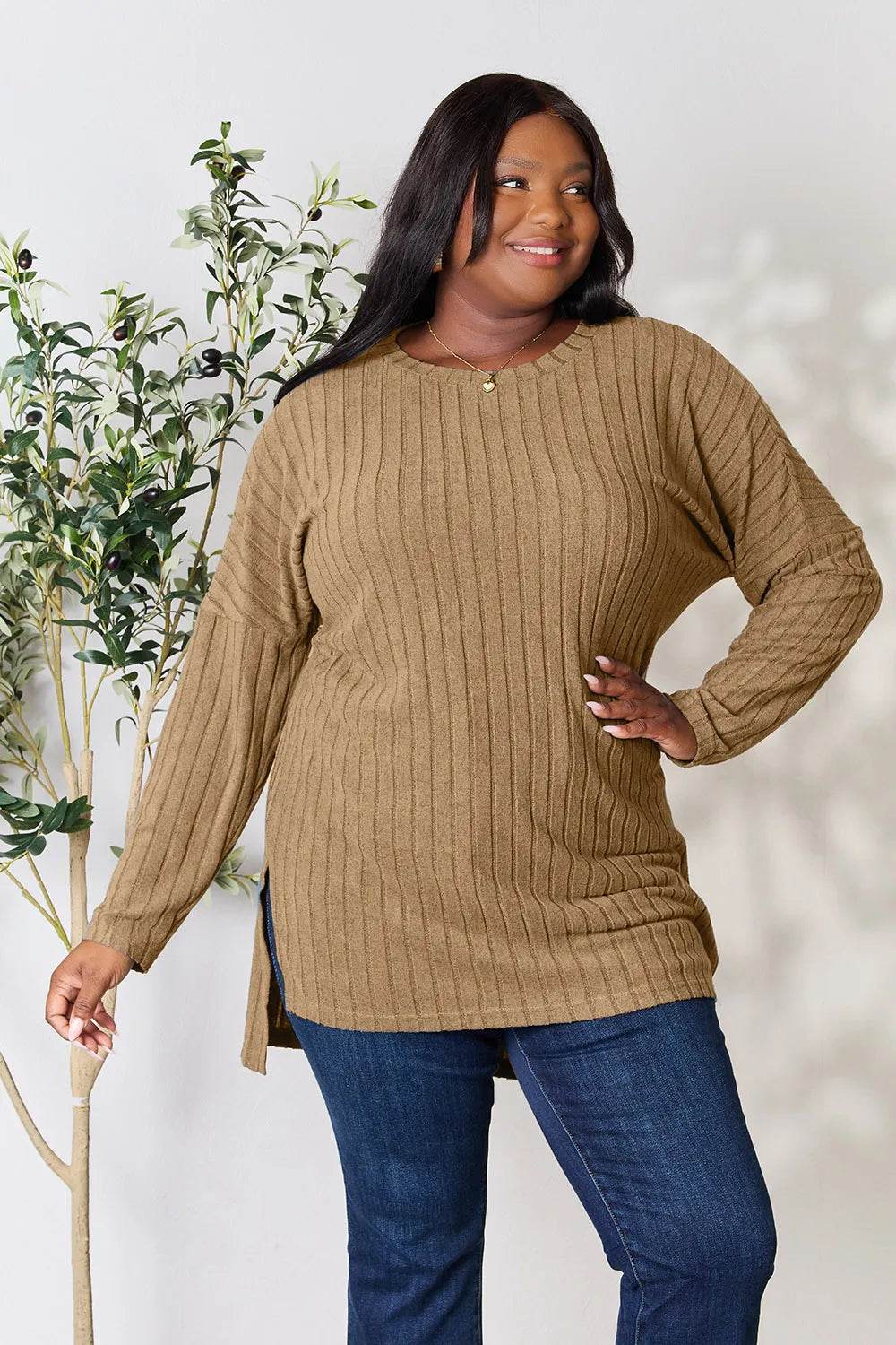 Basic Bae Full Size Ribbed Round Neck Long Sleeve Slit Top - IntuitiveEncBoutique
