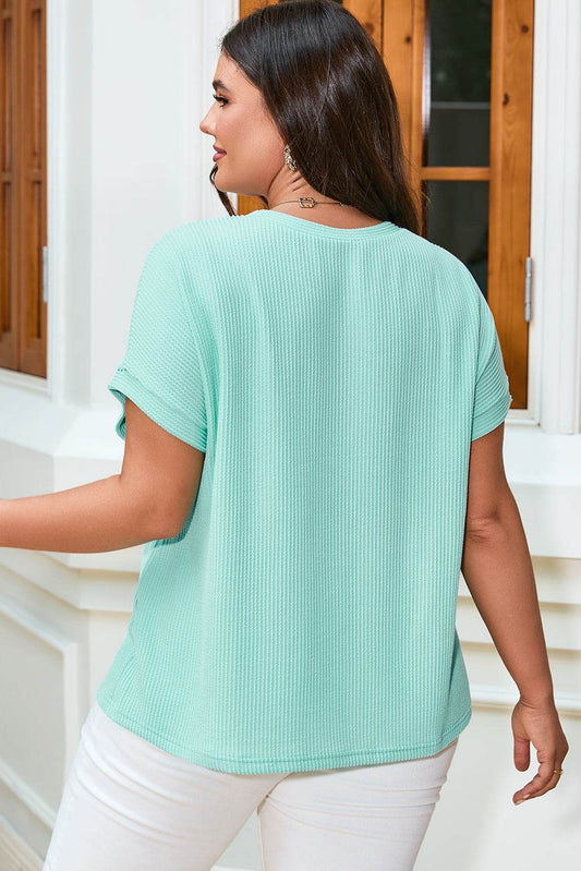 Light Blue Twisted Rib Contrast Pocket Knit Crew Neck Plus Size T Shirt - IntuitiveEncBoutique