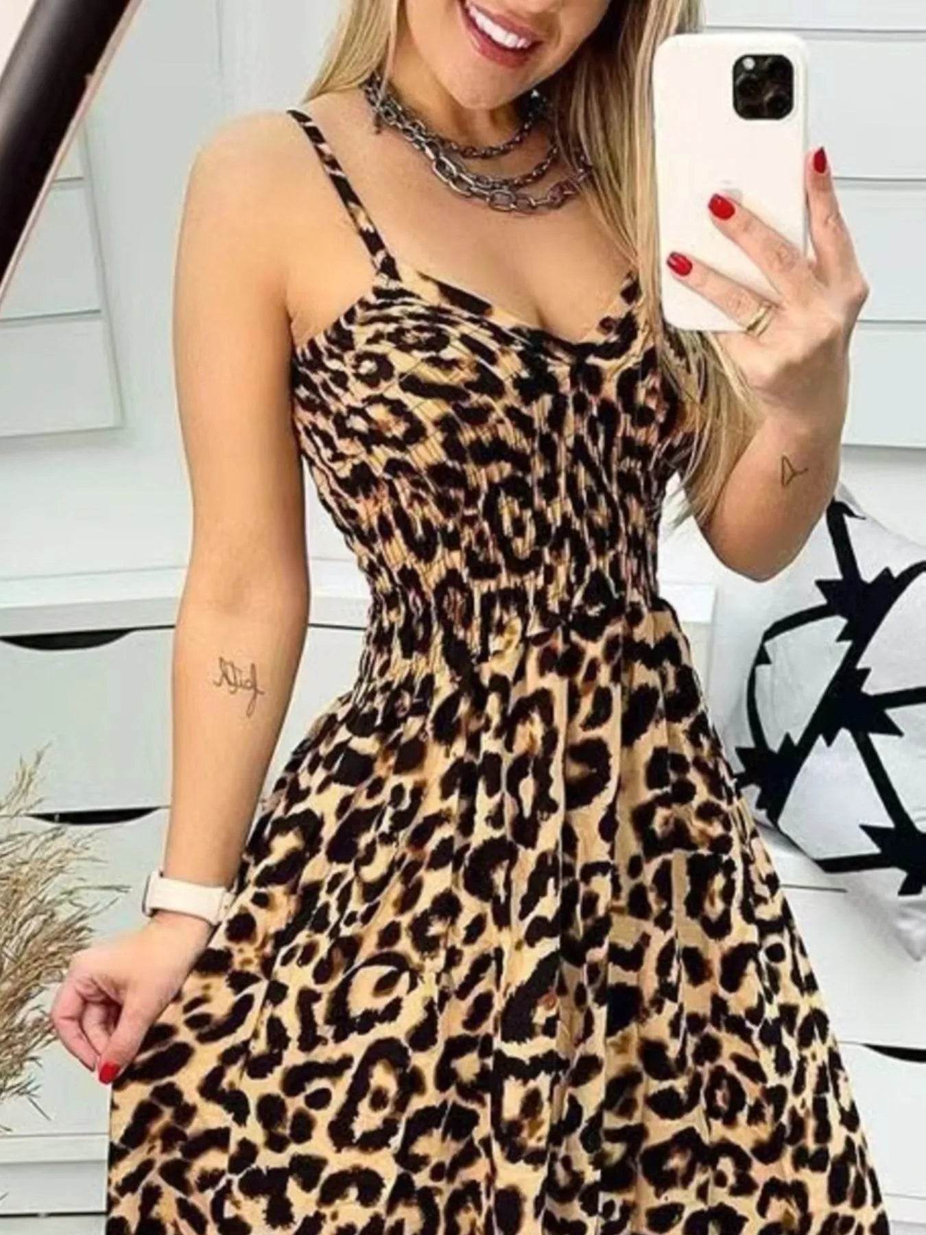 Full Size Leopard Print Spaghetti Strap Maxi Dress Plus Size - IntuitiveEncBoutique