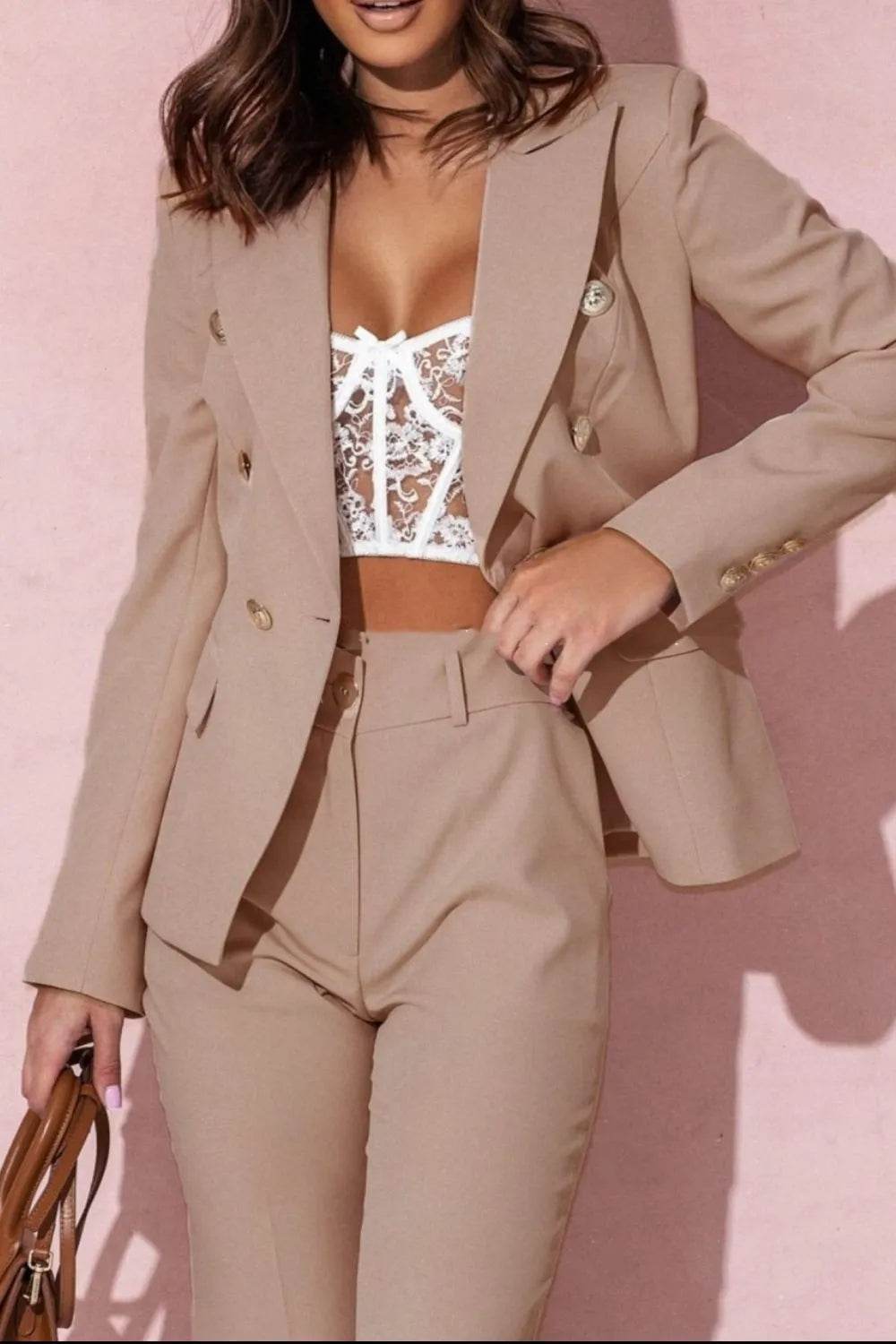 Full Size Lapel Collar Long Sleeve Blazer and Pants Set Plus Size - IntuitiveEncBoutique