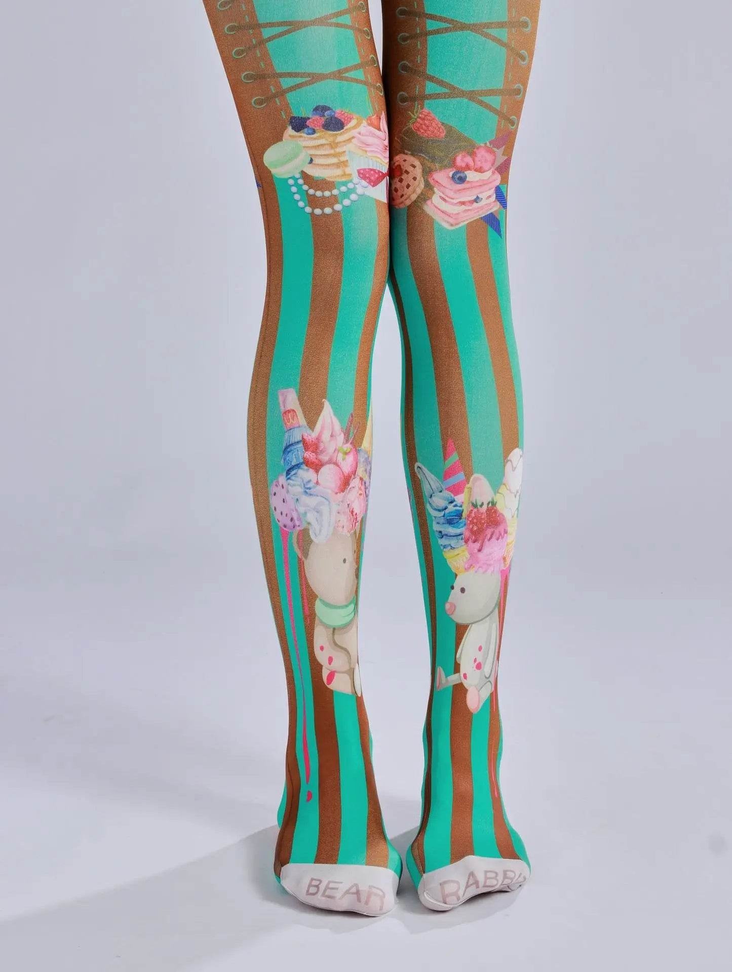 Cake ice cream printed pantyhose with striped checkered pattern as a base sock - IntuitiveEncBoutique