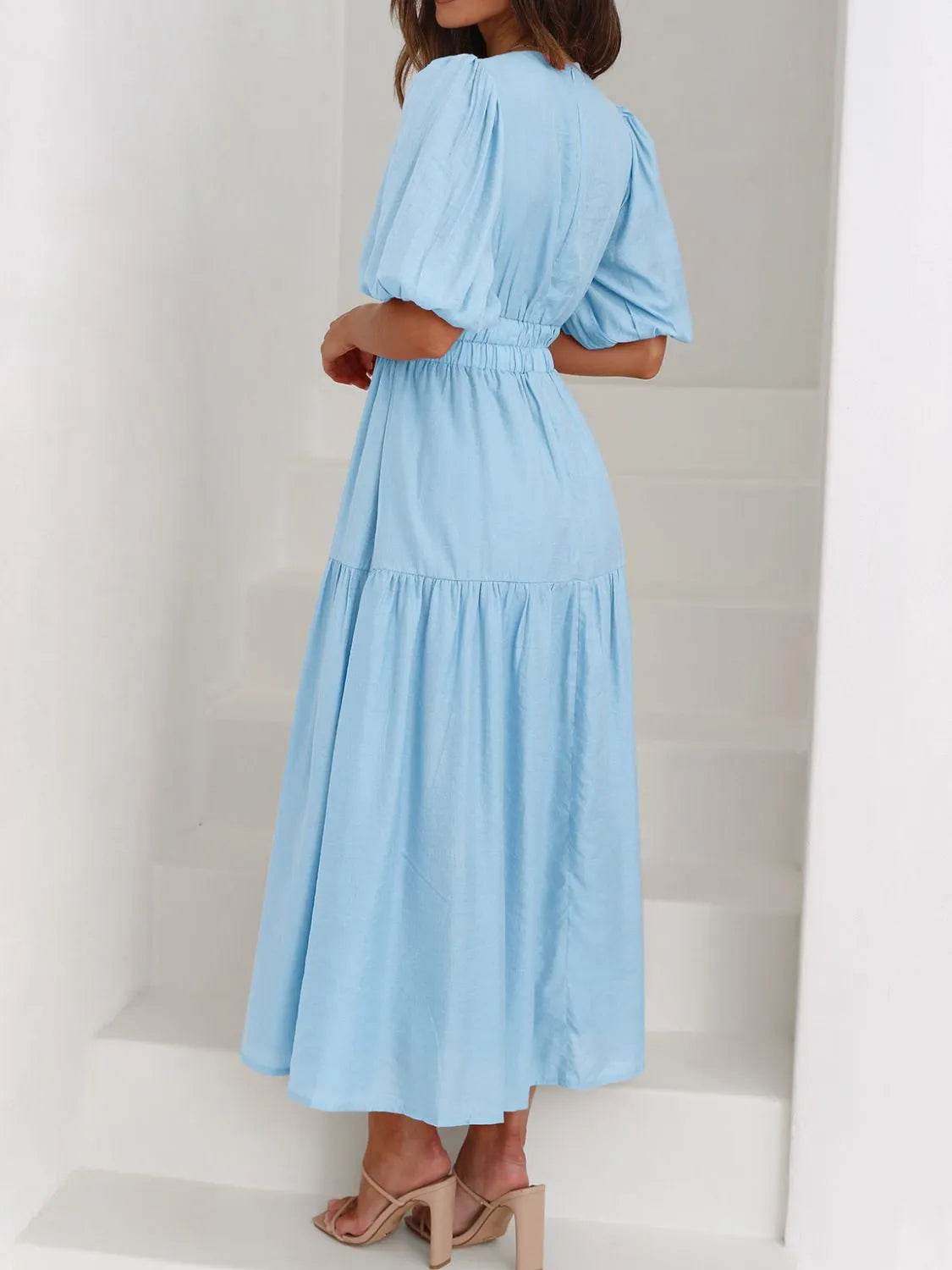 V-Neck Puff Sleeve Midi Dress - IntuitiveEncBoutique