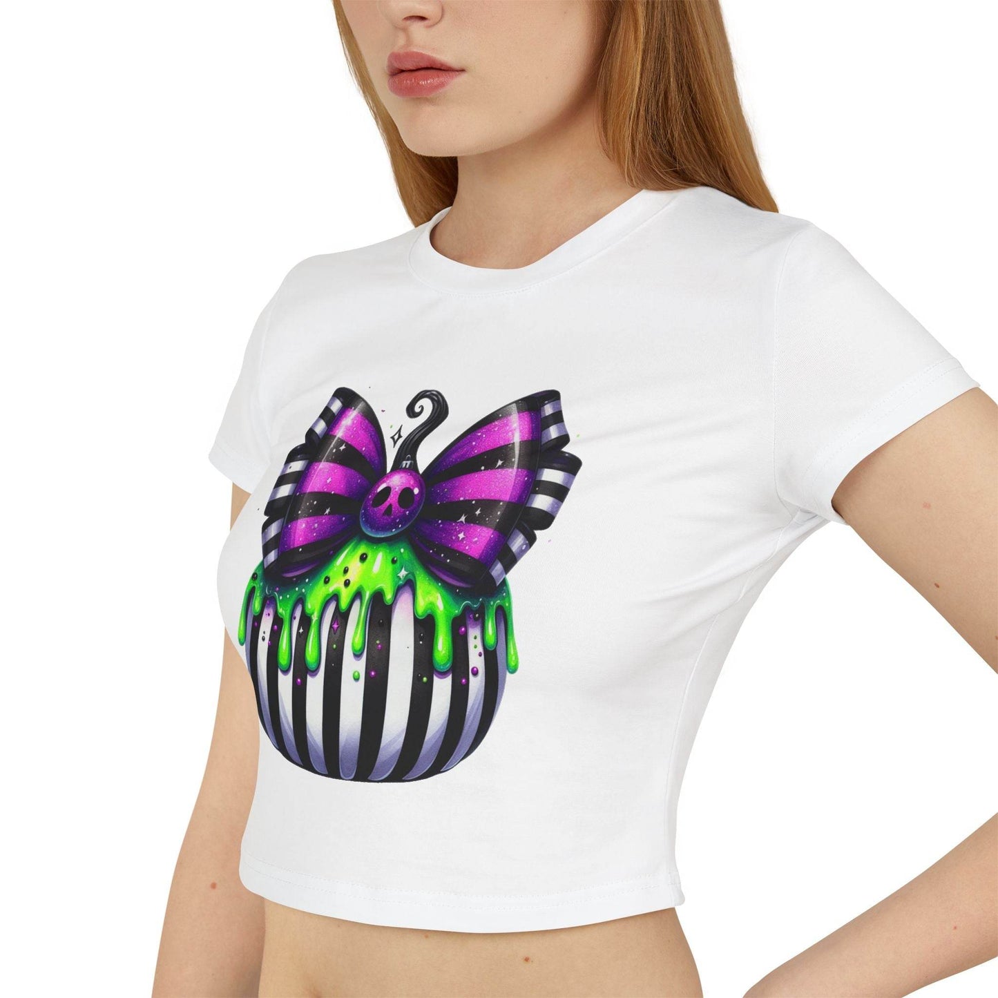 Cute Halloween Baby Tee with Spooky Bow Design | Women's Graphic T-Shirt, Party Shirt, Fall Fashion, Gift Idea, Casual Wear - IntuitiveEncBoutique