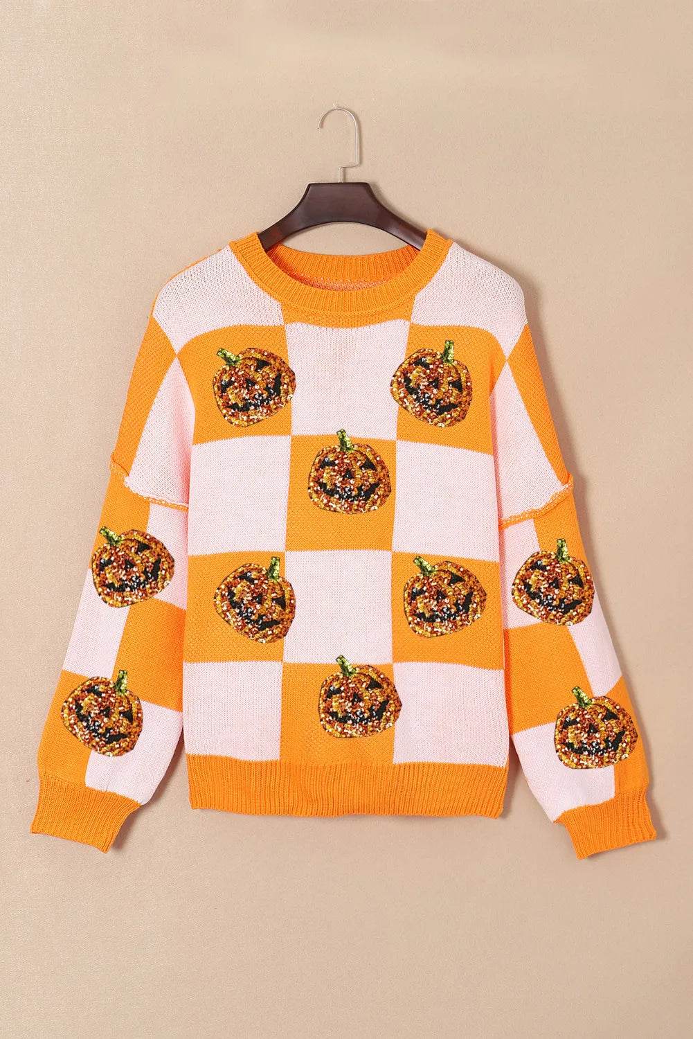 Pumpkin Checkered Round Neck Long Sleeve Sweater - IntuitiveEncBoutique