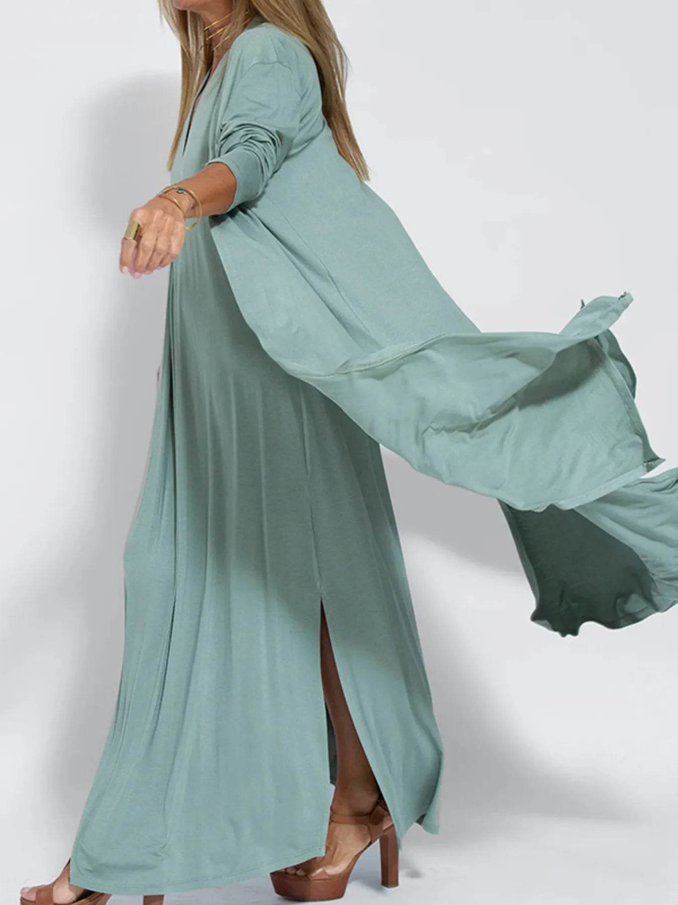 Full Size Open Front Side Slit Longline Cardigan Plus Size - IntuitiveEncBoutique