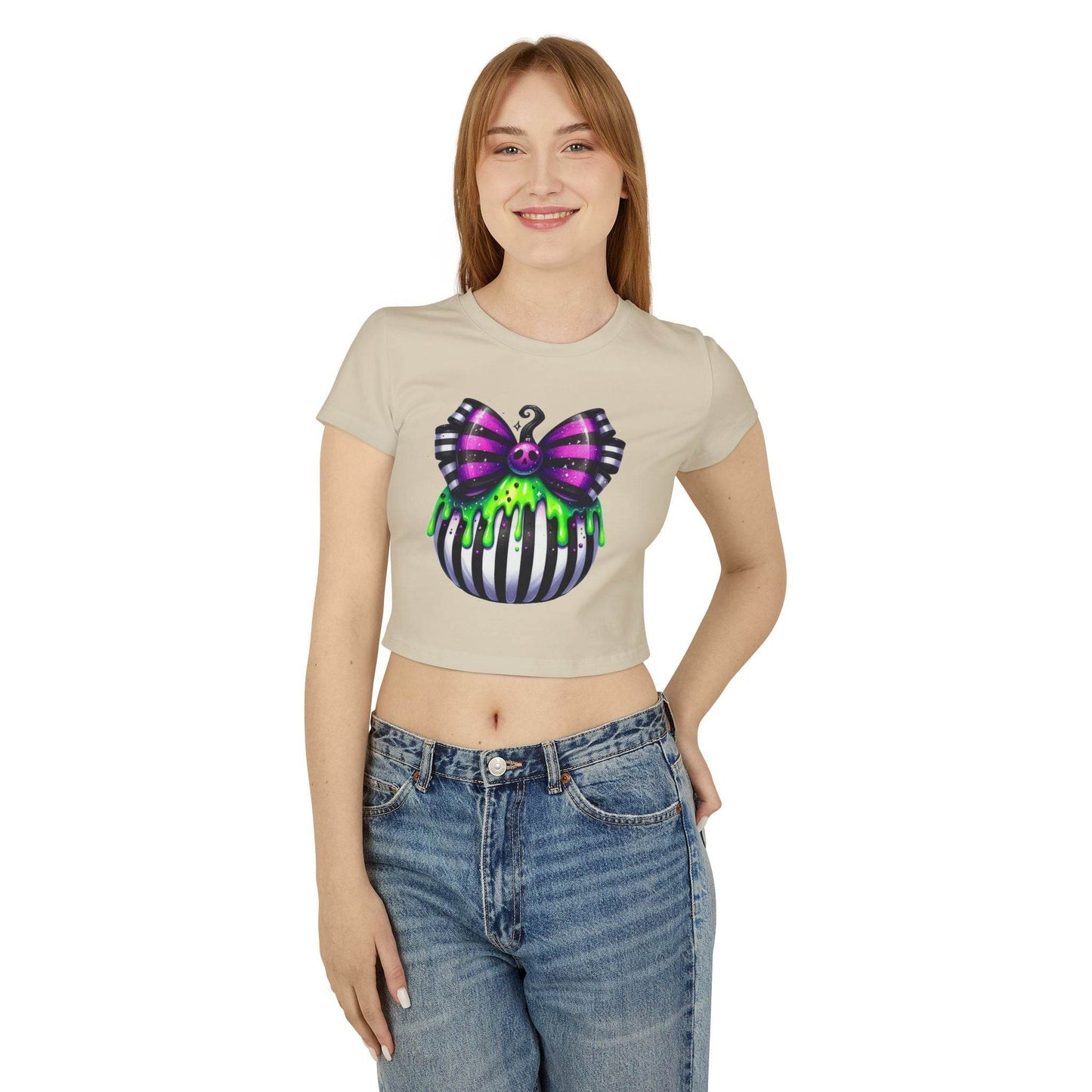 Cute Halloween Baby Tee with Spooky Bow Design | Women's Graphic T-Shirt, Party Shirt, Fall Fashion, Gift Idea, Casual Wear - IntuitiveEncBoutique