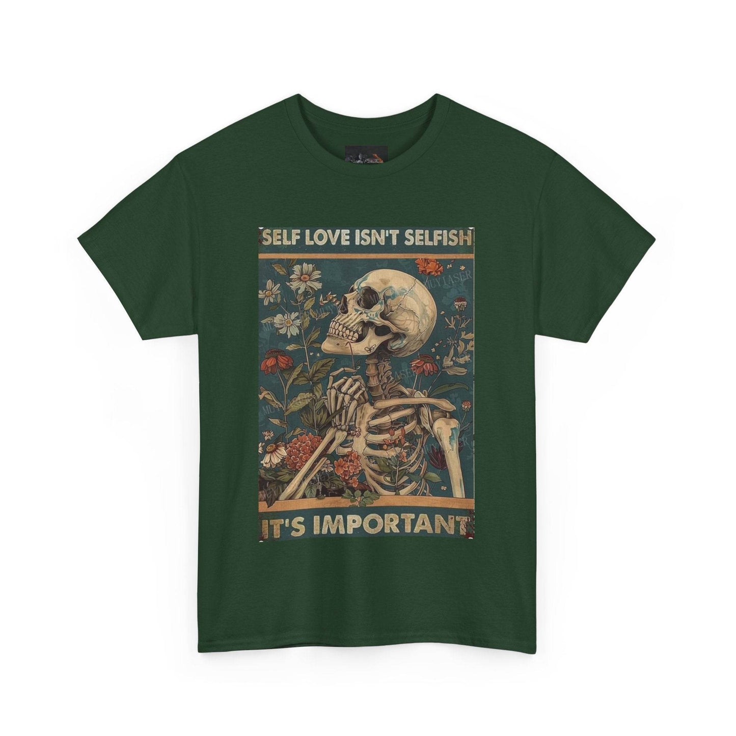Self Love Isn't Selfish Unisex Heavy Cotton Tee, Positive Affirmation Shirt, Skeleton Graphic Tee, Casual Wear, Gift for Self-Care, - IntuitiveEncBoutique