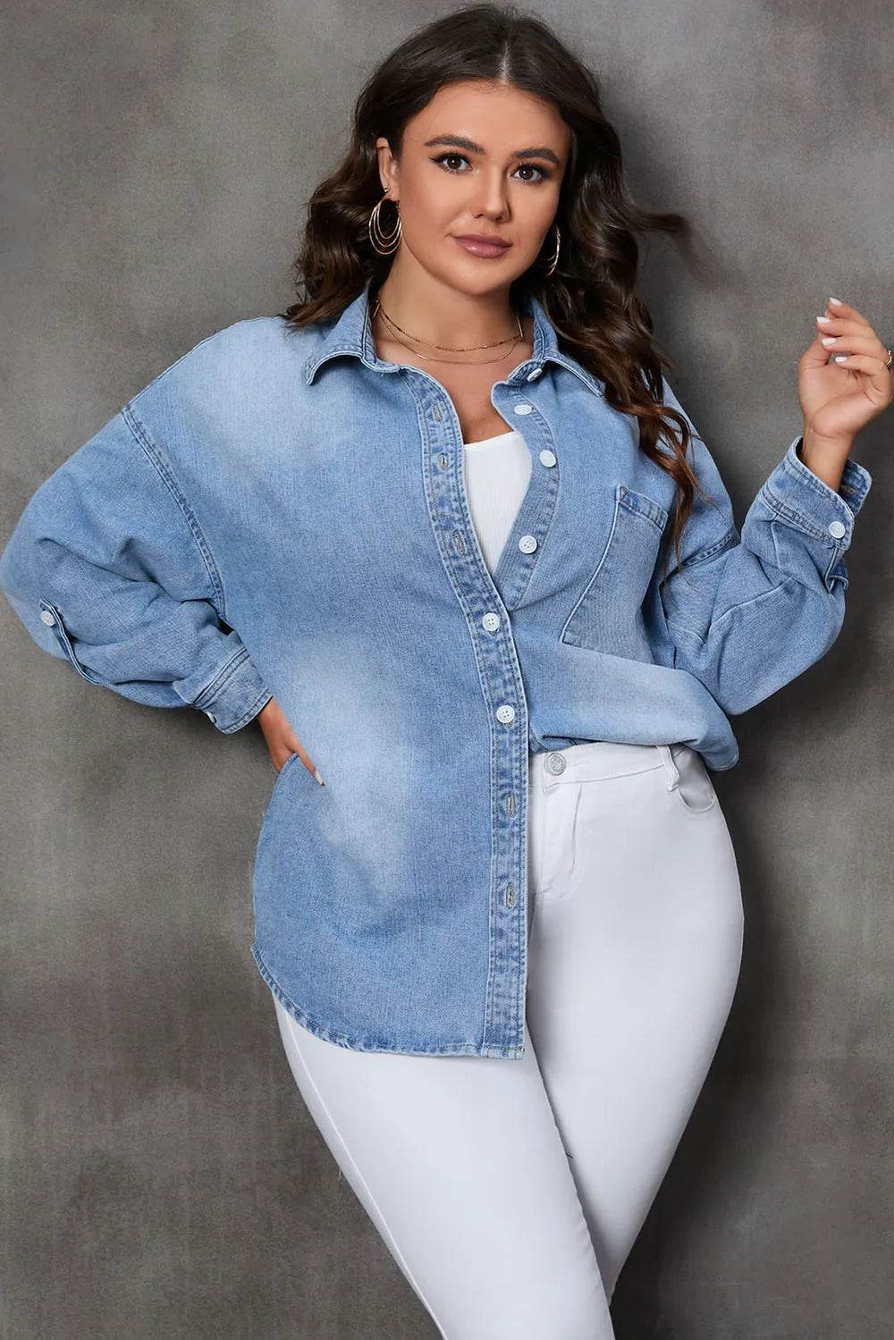Plus Size Button Up Pocketed Denim Top - IntuitiveEncBoutique