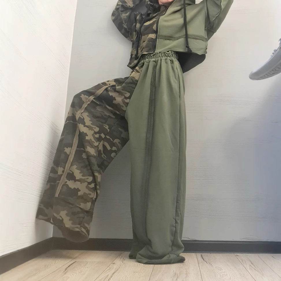 Loose long sleeved sweatshirt zipper jacket camouflage splicing casual pants set - IntuitiveEncBoutique