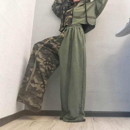 Loose long sleeved sweatshirt zipper jacket camouflage splicing casual pants set - IntuitiveEncBoutique