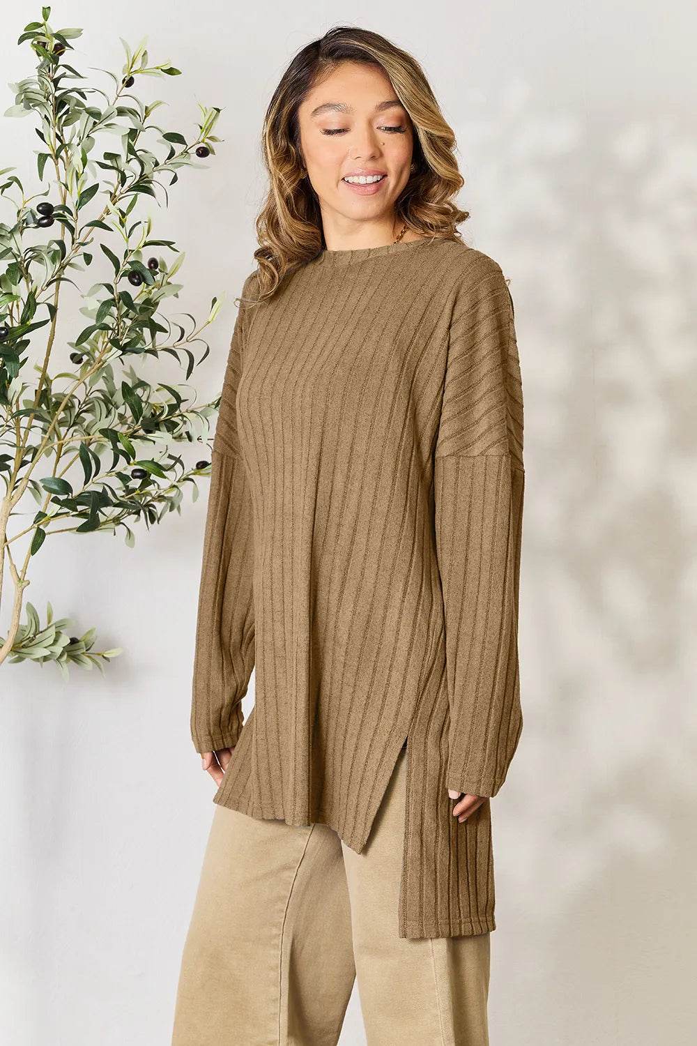 Basic Bae Full Size Ribbed Round Neck Long Sleeve Slit Top - IntuitiveEncBoutique