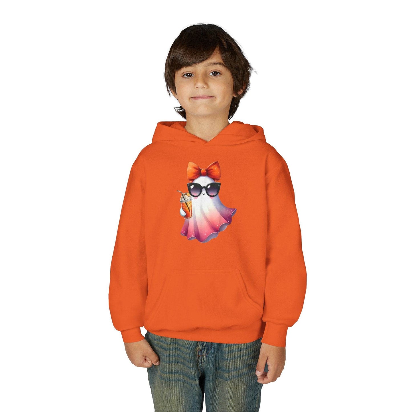 Youth Ghostly Glam Hoodie, Cute Ghost Design Sweatshirt, Halloween Apparel, Halloween Costume, Kids Hooded Sweatshirt - IntuitiveEncBoutique