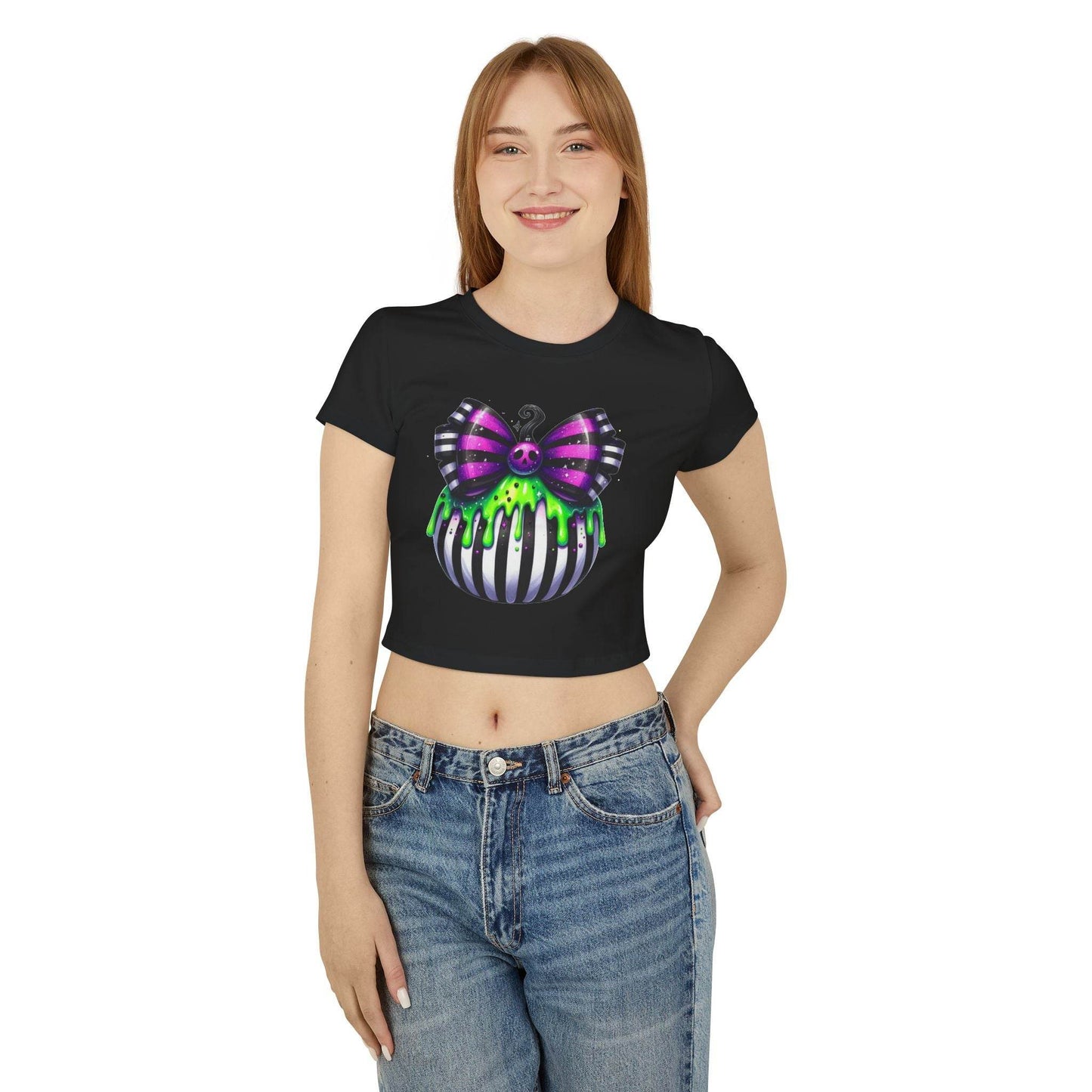 Cute Halloween Baby Tee with Spooky Bow Design | Women's Graphic T-Shirt, Party Shirt, Fall Fashion, Gift Idea, Casual Wear - IntuitiveEncBoutique