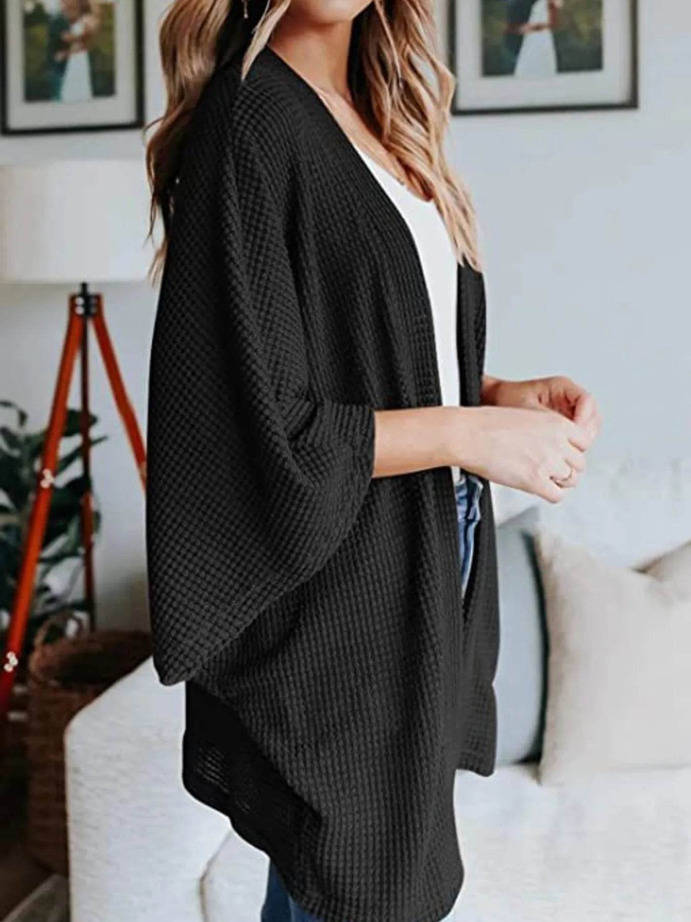 Full Size Open Front Waffle Knit Cardigan Plus Size - IntuitiveEncBoutique