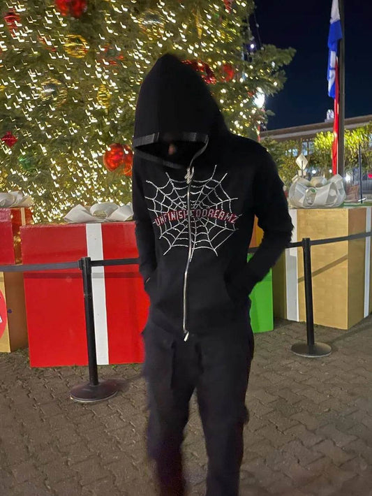 Men's Spider Web Rhinestones Zip-Up Hoodie - IntuitiveEncBoutique