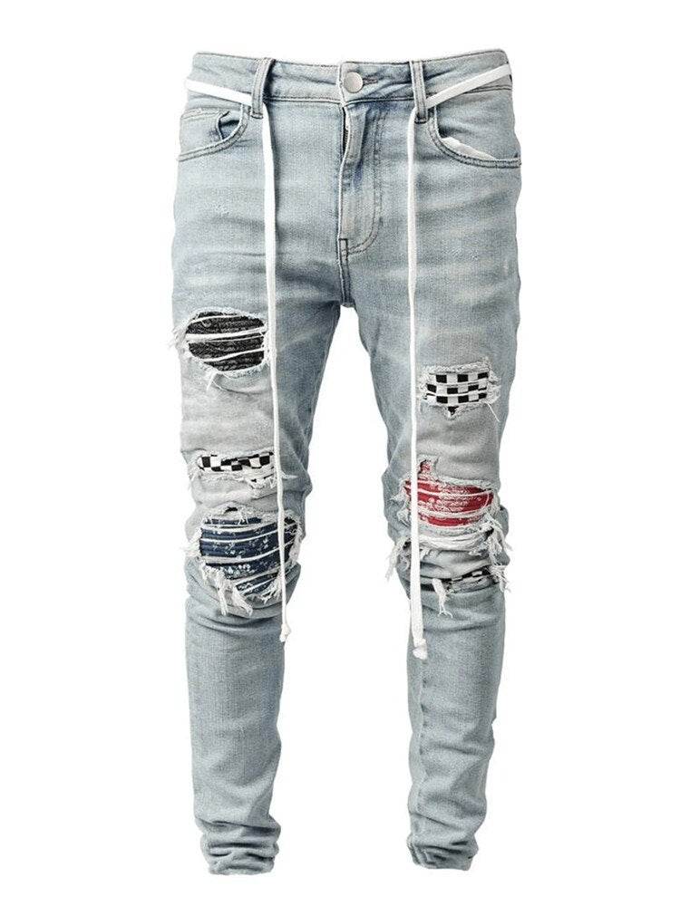 Men's Ripped jeans Badge Letters Hip-hop Skinny Jogging Denim Fashion Pencil Long Trousers Distressed Jeans For Men Clothing - IntuitiveEncBoutique