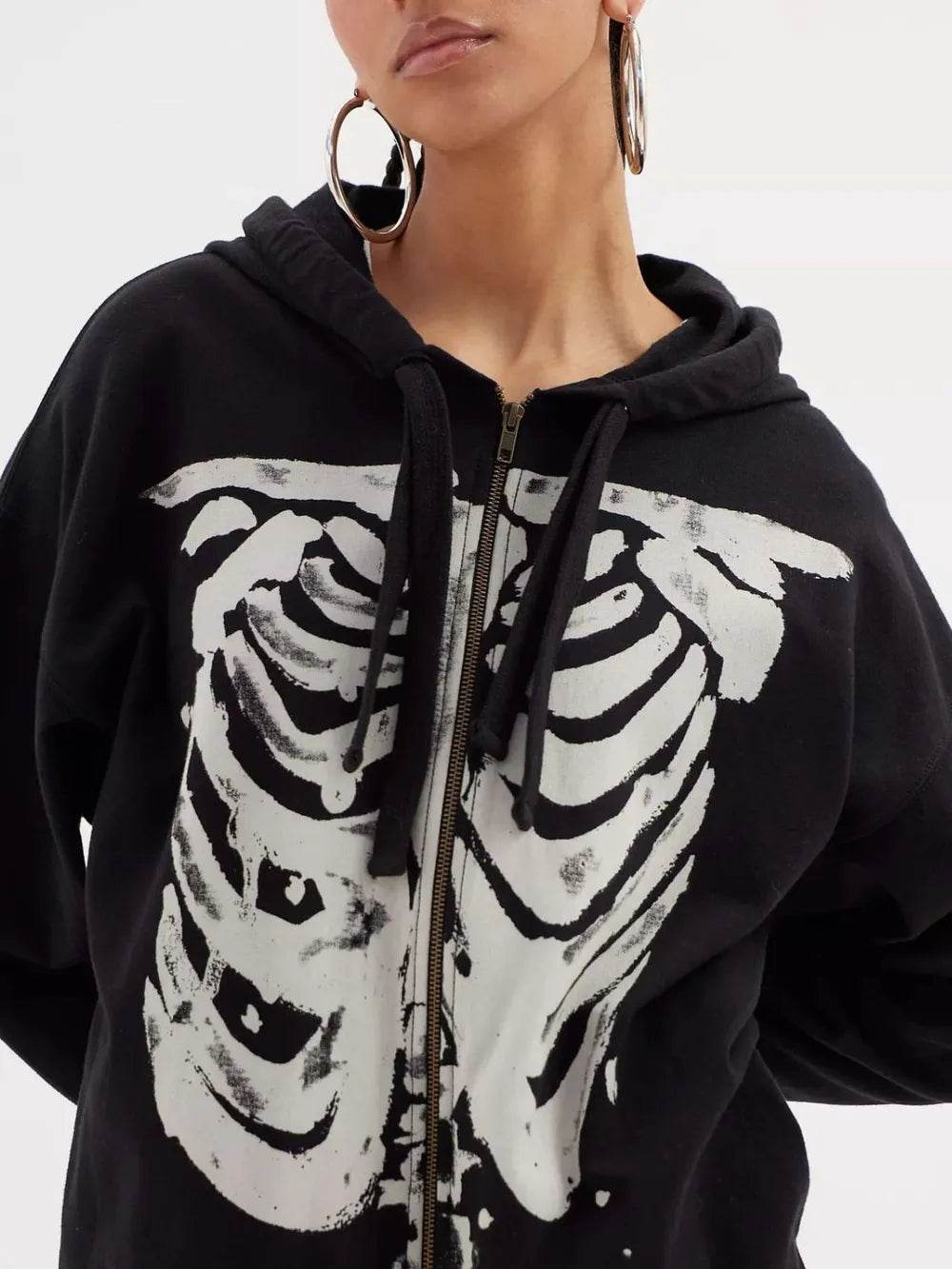 Skeleton Zip Up Drawstring Hoodie - IntuitiveEncBoutique