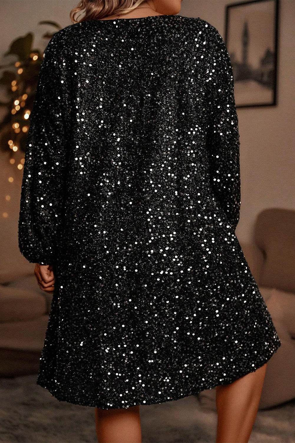 Color black Plus Size Bubble Sleeve V Neck Sequin Dress - IntuitiveEncBoutique