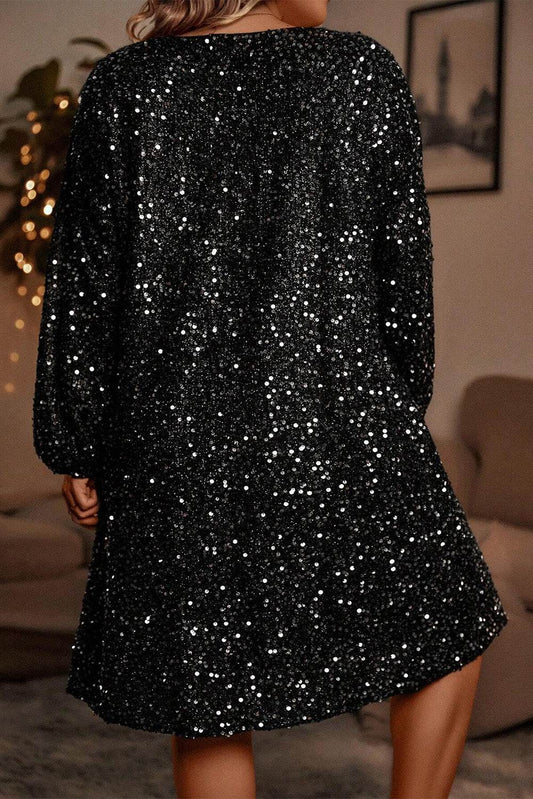 Color black Plus Size Bubble Sleeve V Neck Sequin Dress - IntuitiveEncBoutique