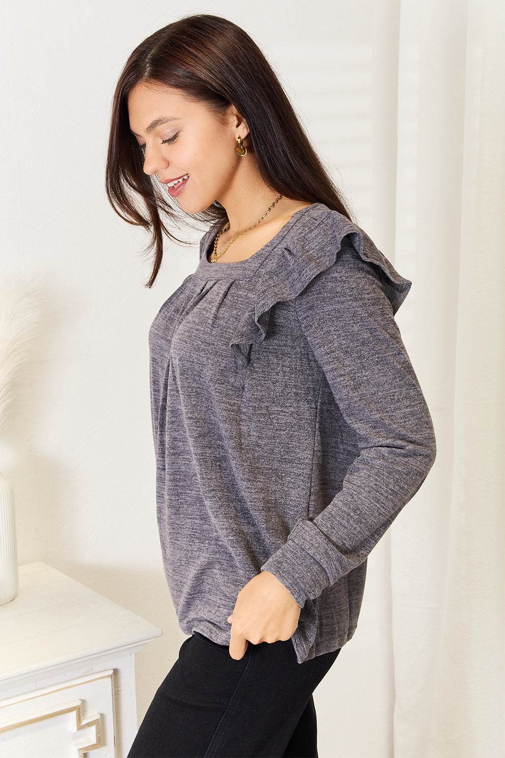 Double Take Square Neck Ruffle Shoulder Long Sleeve T-Shirt - IntuitiveEncBoutique