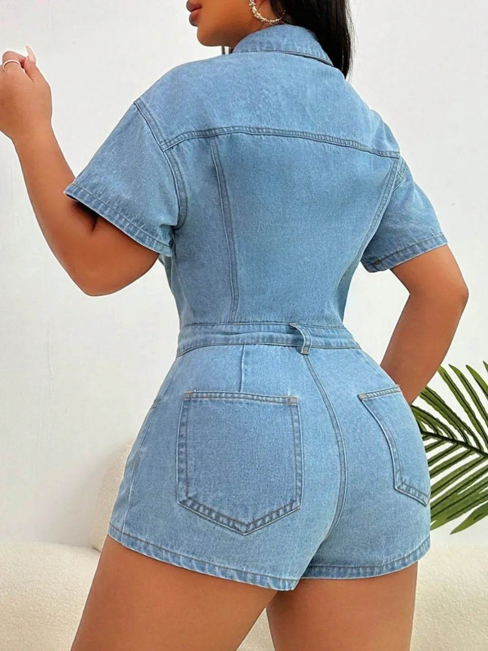 Collared Neck Short Sleeve Denim Romper - IntuitiveEncBoutique