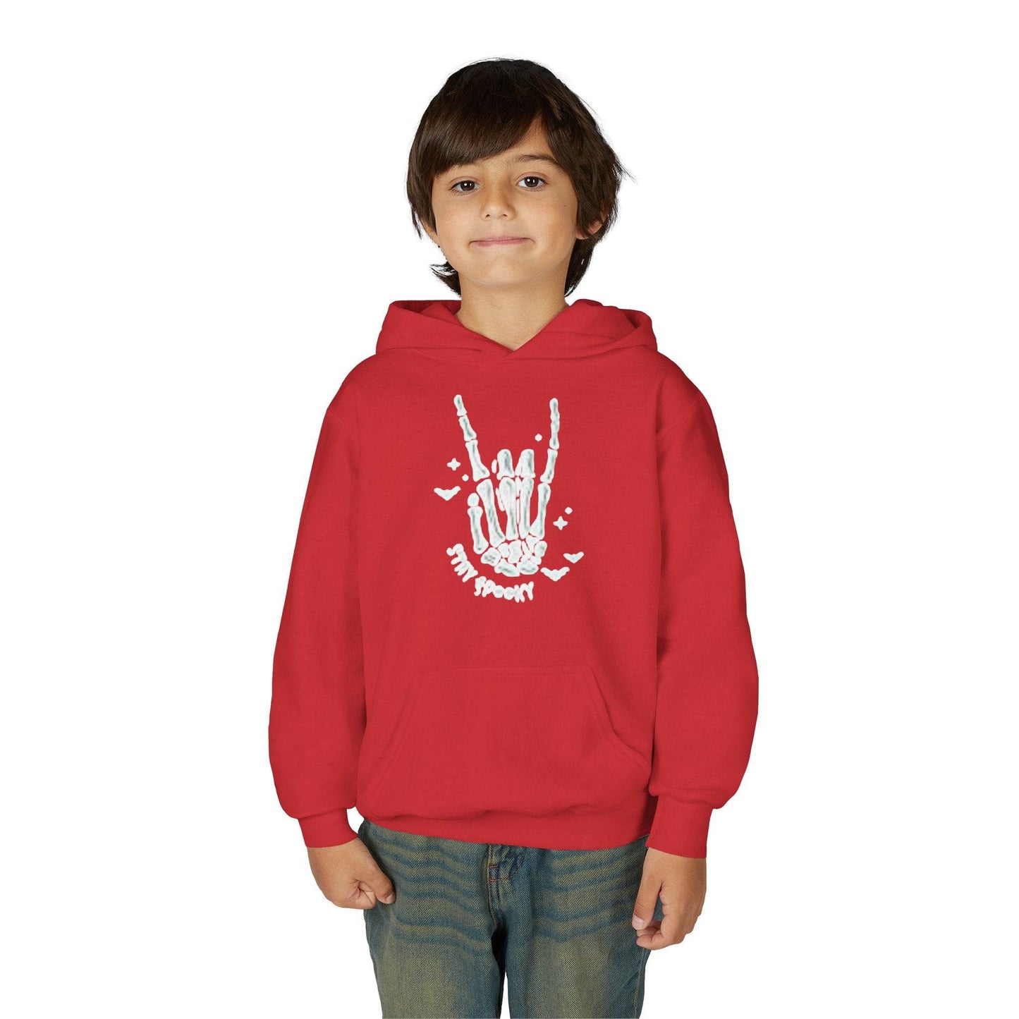 Youth Ghostly Rocker Hoodie - Stay Spooky Sweatshirt, Halloween Apparel, Youth Fashion, Skeleton Design, Cozy Gift - IntuitiveEncBoutique