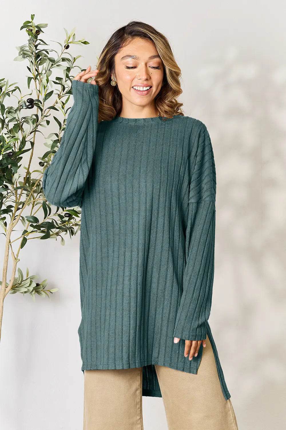 Basic Bae Full Size Ribbed Round Neck Long Sleeve Slit Top - IntuitiveEncBoutique