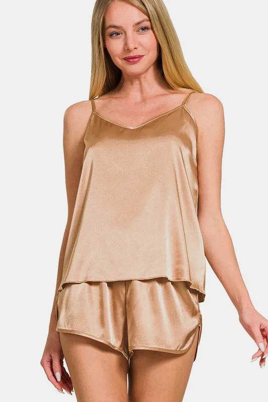 Zenana V-Neck Satin Cami and Elastic Waist Shorts Lounge Set - IntuitiveEncBoutique