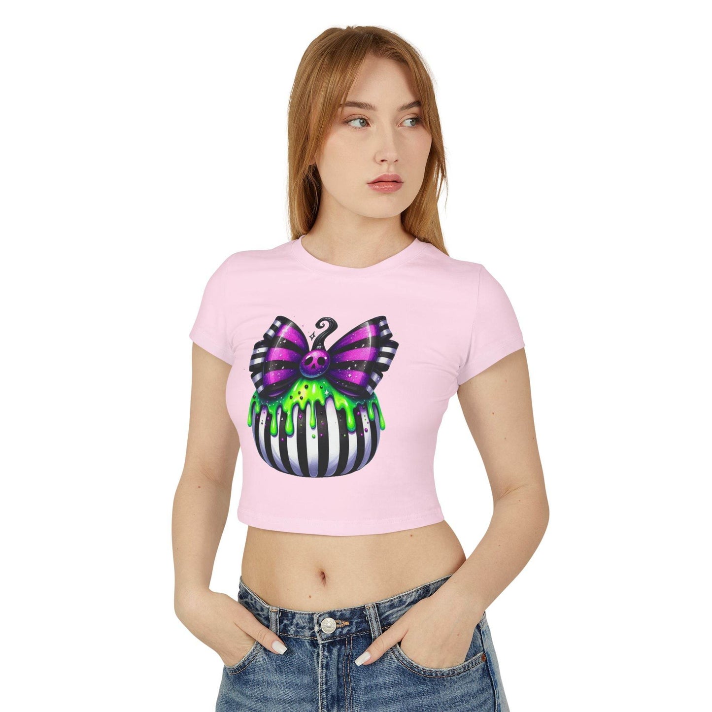 Cute Halloween Baby Tee with Spooky Bow Design | Women's Graphic T-Shirt, Party Shirt, Fall Fashion, Gift Idea, Casual Wear - IntuitiveEncBoutique