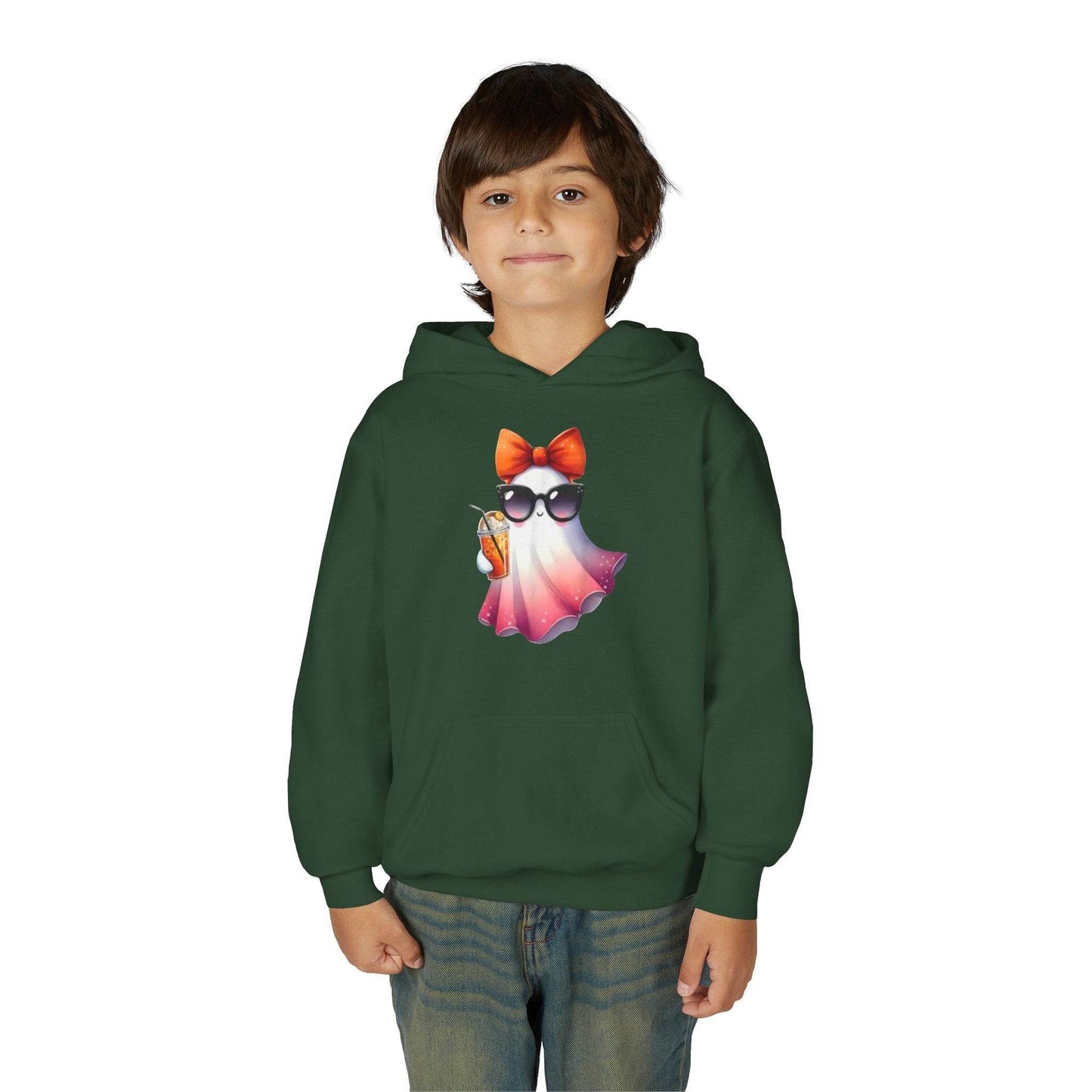 Youth Ghostly Glam Hoodie, Cute Ghost Design Sweatshirt, Halloween Apparel, Halloween Costume, Kids Hooded Sweatshirt - IntuitiveEncBoutique