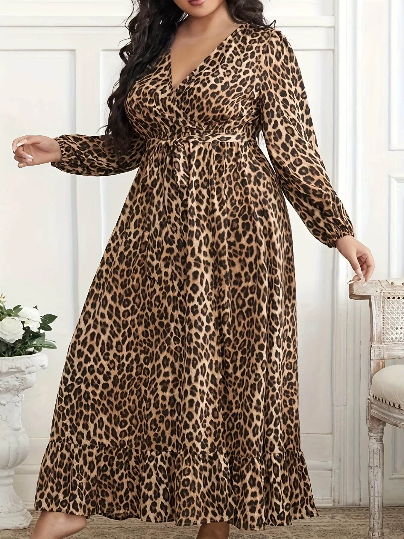 Plus Size Leopard Print Surplice Maxi Dress - IntuitiveEncBoutique