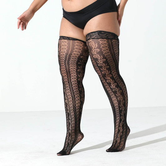 Lace border vertical stripe fishing net over knee socks sexy over knee anti slip silicone lace long tube socks - IntuitiveEncBoutique