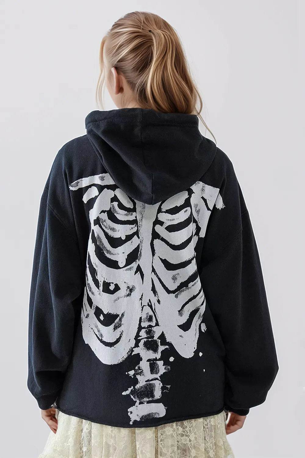 Skeleton Zip Up Drawstring Hoodie - IntuitiveEncBoutique