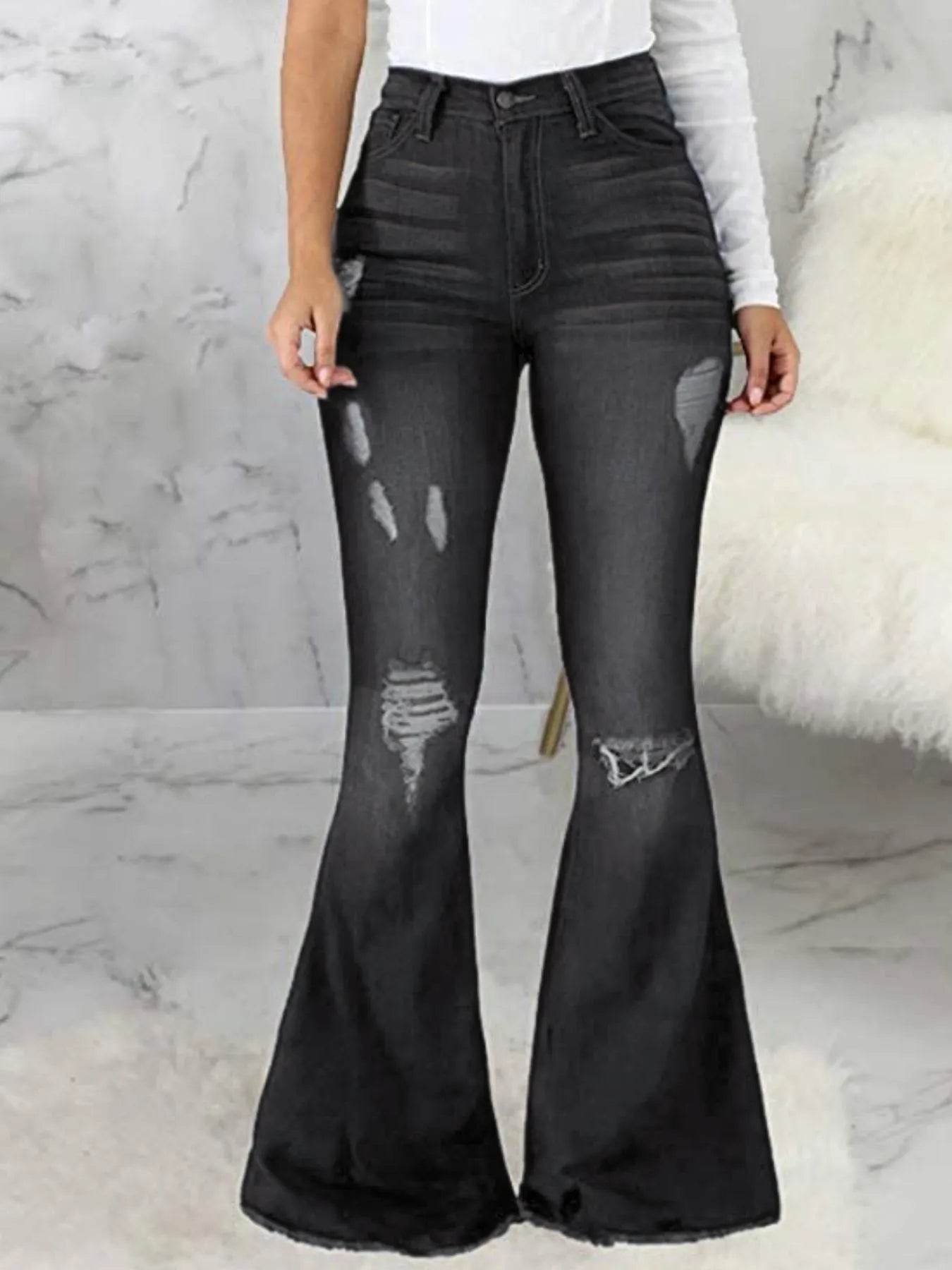 Full Size Distressed Raw Hem Flare Jeans Plus Size - IntuitiveEncBoutique
